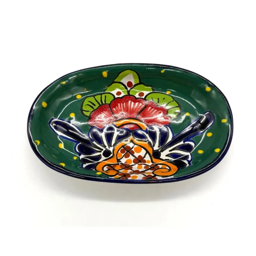 Talavera Style Mexican Pottery Shallow Dipping Serving Oval Bowl 7.25 x 4.5